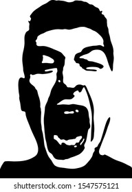 Young man face stencil screaming on a white background. Vector art.