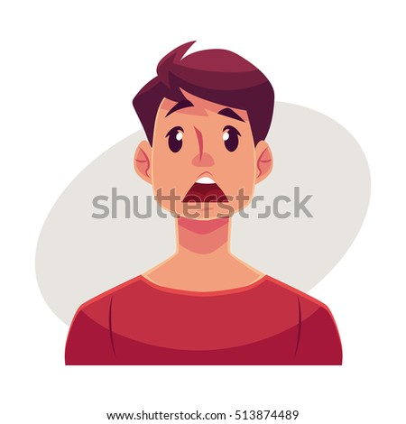 Young man face, surprised facial expression, cartoon vector illustrations isolated on gray background. Handsome boy emoji surprised, shocked, amazed, astonished. Surprised face expression