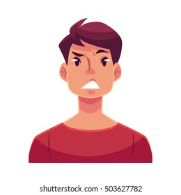 Young man face, upset, confused facial expression, cartoon vector illustrations isolated on white background. Handsome boy feeling upset, concerned, confused frustrated.