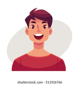 Young man face, wow facial expression, cartoon vector illustrations isolated on gray background. Handsome boy emoji surprised, amazed, astonished. Surprised, wow face expression