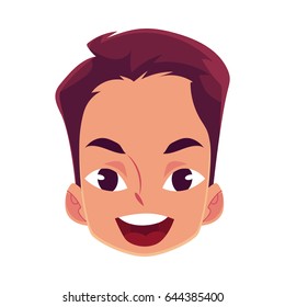 Young man face, wow facial expression, cartoon vector illustrations isolated on white background. Handsome boy emoji surprised, amazed, astonished. Surprised, wow face expression