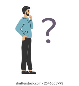 Un joven se enfrenta a una pregunta. Dilema, problema y búsqueda de una solución. Dificultad de elección. Ilustración vectorial plana aislada en blanco
