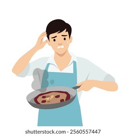 Young man failed to cook. Flat vector illustration isolated on white background