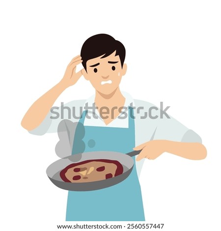 Young man failed to cook. Flat vector illustration isolated on white background