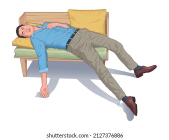 Young Man Fainting On Sofa Or Couch In Workplace Realistic Vector Illustration.