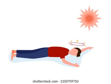 Young man fainting under strong sunlight in flat design on white background. Dizziness symptom.