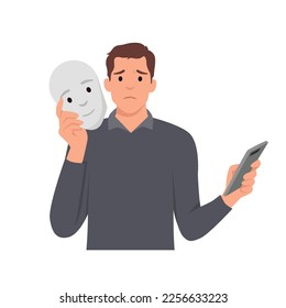 Young man fake expression holding happy face and hiding his real sad feeling. Flat vector illustration isolated on white background