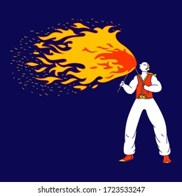 Young Man Fakir Character Dancing and Juggling with Fire on Stage Performing Talent Show Program for Judges and Viewers. Flame Entertainment, Street Fair, Circus Amusement. Linear Vector Illustration