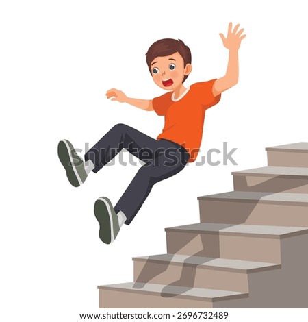 Young man falling down the stairs having accident slips on the staircase