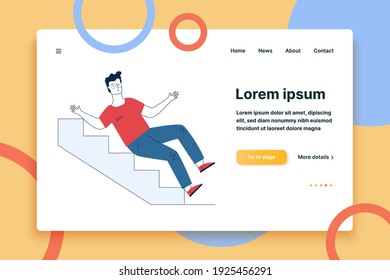 Young man falling downstairs. Cartoon character slipping on steps flat vector illustration. Failure, accident, trauma concept for banner, website design or landing web page