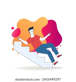 Young man falling downstairs. Cartoon character slipping on steps flat vector illustration. Failure, accident, trauma concept for banner, website design or landing web page