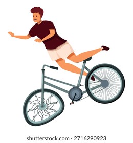 Hombre joven que cae de su bicicleta después de un accidente que causó una rueda rota