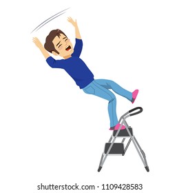 Young man falling from ladder having an accident