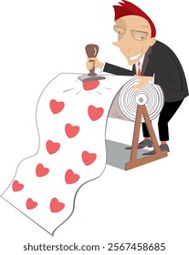 Young man falling in love. Concept illustration. 
Cartoon cheerful man stamps heart symbols on the big roll of paper. Isolated on white background
