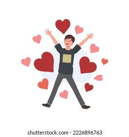 Un joven que se enamora rodeando con forma de corazón. Ilustración de caricaturas de vector plano.
