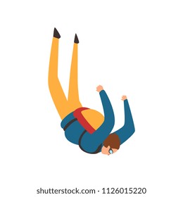 Young man falling through the air with parachute in the sky, parachuting sport and leisure activity concept vector Illustration on a white background