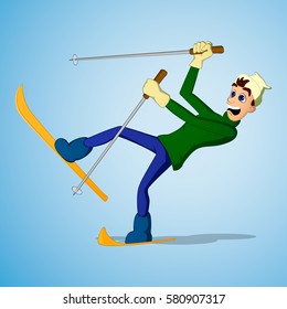 Young man falling while skiing and shouting loud
