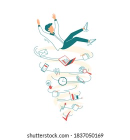 Young man falls into a cycle of employment, charts, email, phone, reports. Concept of work in a very busy state or a lot of work, deadline, burnout, emotional exhausted. Isolated vector illustration