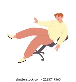 El joven se cae de la silla. El personaje masculino está volando al suelo. Una persona en una posición inestable. El concepto de fracaso. Ilustración vectorial de dibujos animados sobre un fondo blanco aislado.