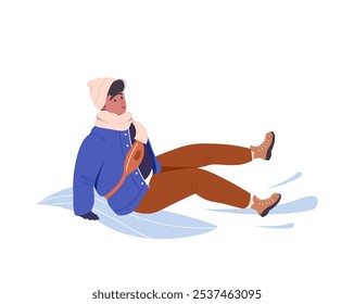 Hombre joven cae en el pavimento de hielo resbaladizo o la carretera al aire libre. El personaje masculino se deslizó sobre el hielo. El hombre cae, agitando sus manos. Camino de invierno resbaladizo. Ilustración plana de dibujos animados de Vector aislada en la espalda blanca