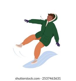 Young man falls on slippery ice pavement or road outdoors. Male character slipped on the ice. Man falls, waving her hands. Slippery winter road. Vector flat cartoon illustration isolated on white 