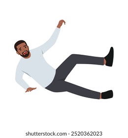 Young man falls wet floor due to negligence and inattention at moment of walking. Flat vector illustration isolated on white background