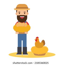 Joven agricultor con pollo y huevo