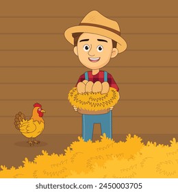 Young Man Farmer with chicken and egg