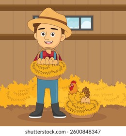 Young Man Farmer with chicken and egg