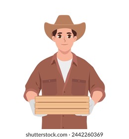 Young man farmer holding an empty wooden crate. Flat vector illustration isolated on white background