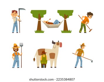 Young Man Farmer Working in the Field with Scythe, Resting in Hammock and Milking Cow Vector Set
