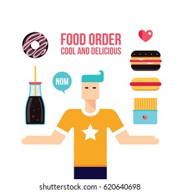 Young man and fast food icons set