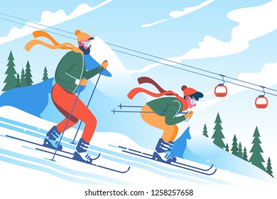 Young man father with beard skiing with his son in mountains. Concept winter holiday, children s entertainment, enjoy. Vector illustration.