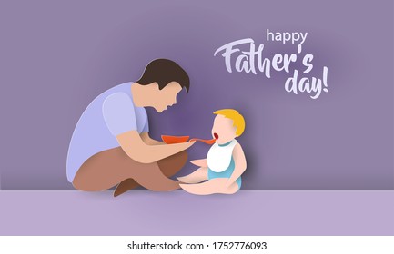 Young man Father Feeding Baby with spoon. Happy fathers day card. Paper cut style. Vector illustration