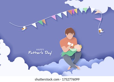 Young man Father Feeding Newborn Baby. Happy fathers day card. Paper cut style. Vector illustration