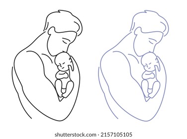 A young man  father  gently holds newborn baby in his arms  hugs him  Line drawing 