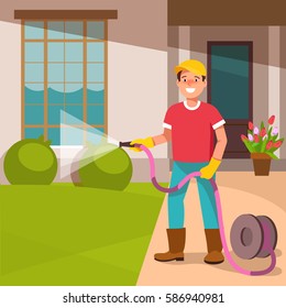 The young man father standing in the courtyard of his houses, watering the lawn. home and garden improvement.Landscape Gardener works. Vector illustration in flat style