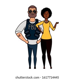 young man fbi agent with afro woman characters vector illustration design