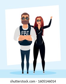 young man fbi agent with rude woman characters vector illustration design