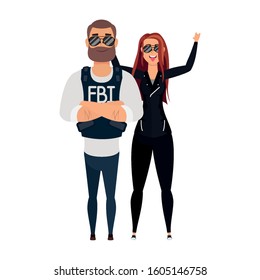 young man fbi agent with rude woman characters vector illustration design