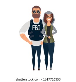 young man fbi agent with woman characters vector illustration design