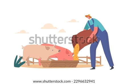 Young Man Feeding Pigs Putting Grain in Trough. Male Farmer Character at Work Process with Domestic Animals at Farm