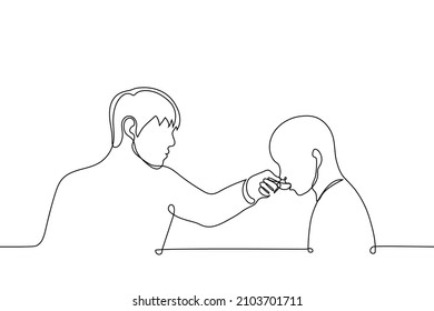 Young Man Feeding From A Spoon Or Giving Medicine To Bald Child - One Line Drawing Vector. Care, Treatment And Feeding Concept In Chemotherapy 