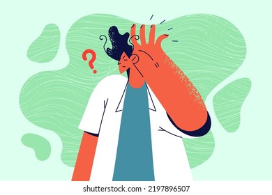 Young man feel confused make hand gesture hearing gossip or hearsay. Frustrated guy listening to rumors or hidden information. Vector illustration. 