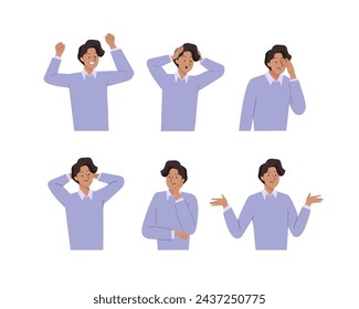 El joven siente diferentes emociones negativas y positivas. Varios gestos masculinos y poses establecidas. Exitoso, feliz, crisis, inseguro, estrés profesional. Ilustración vectorial en estilo plano