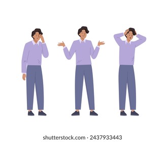Young Man feel different negative emotions. Various male gestures and poses set. Confused, unsure, professional stress. Vector illustration in flat style
