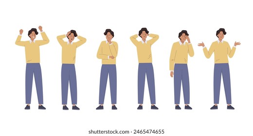 Young Man feel different negative and positive emotions. Various male gestures and poses Set. Successful, happy, crisis, unsure, fail, professional stress. Flat cartoon isolated vector illustration