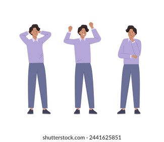 Young Man feel different positive emotions. Various male gestures and poses set. Successful work, happy, satisfaction. Vector illustration in flat style