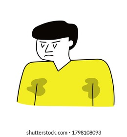 Young man feel frustrated because wet armpits. Illustration on white background.  