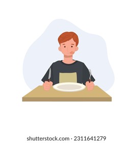 young man feel hungry and wait for food. Flat vector cartoon illustration